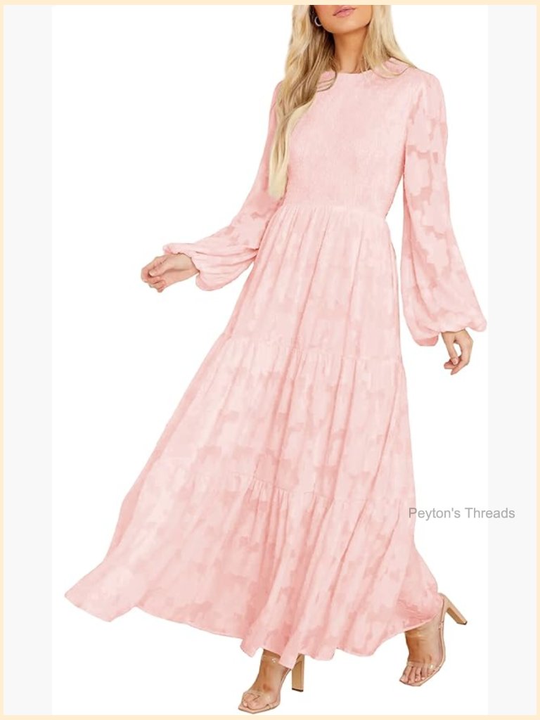 Elegant Floral Long Sleeve Smocked A-Line Flowy Tiered Maxi Dress With Pockets